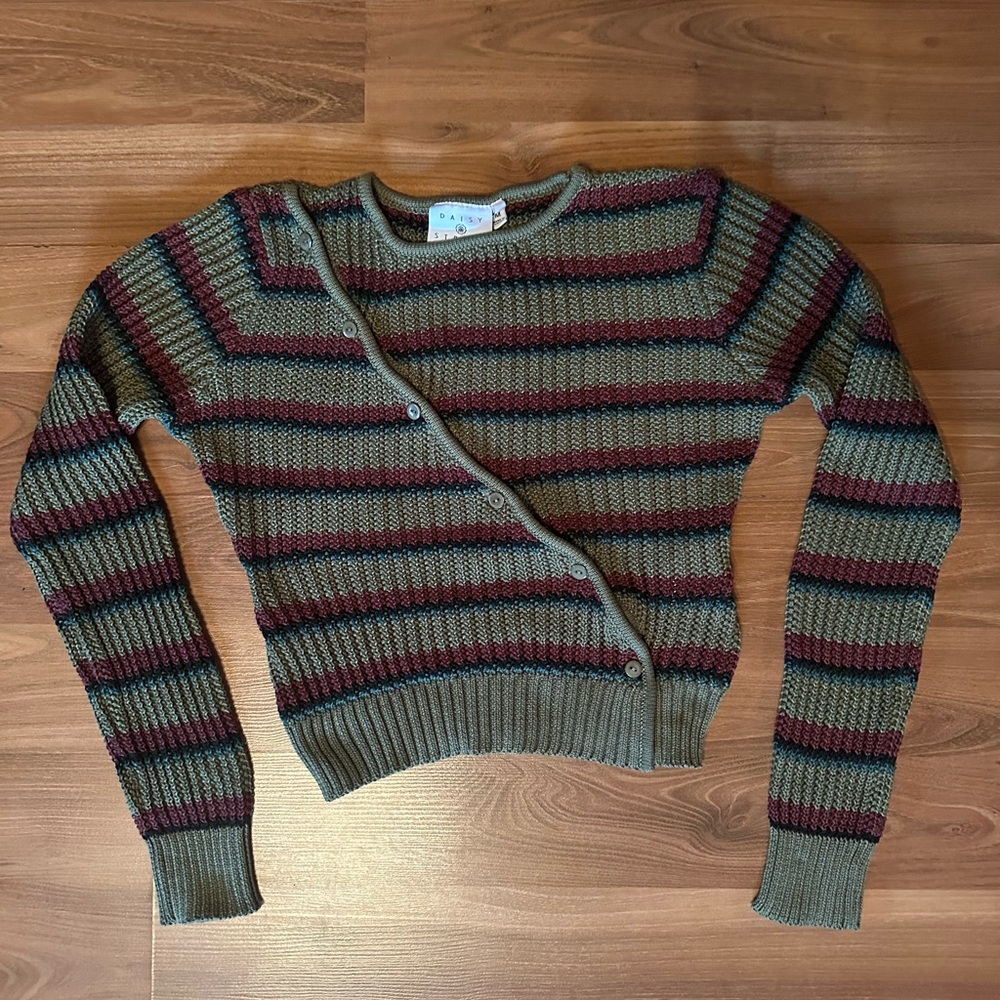 Hot Topic Daisy Street Asymmetrical Striped Cardigan - Olive